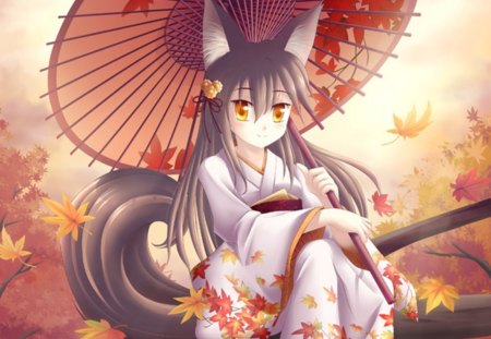 Autumn Fox - anime, neko, anime girl, kitsune, female, hot, falls, nekomimi, kimono, yukata, leaves, umbrella, neko mimi, cute, sexy