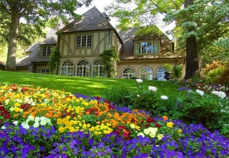 Flowery garden - nice, cottage, slope, freshness, trees, fragrance, colorful, countryside, greenery, spring, vacation, home, pretty, scent, house, grass, garden, relax, fresh, summer, lovely, nature, beautiful, rest