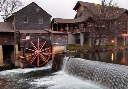 Old Mill - waterfall, water, old mill, wood siding