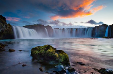 great waterfalls at sunset - sky, popular, cliff, waterfalls, wallpaper, sunset, waterfall, rocks, nature, river, clouds, sunsets