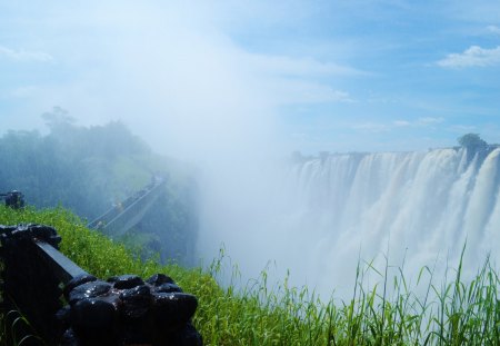 scenic bridge at a massive waterfalls - view, waterfalls, grass, bridge, massive, mist