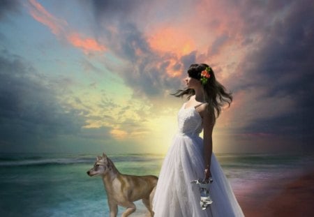 Waiting by the Seashore - dog, fantasy, lady, seashore