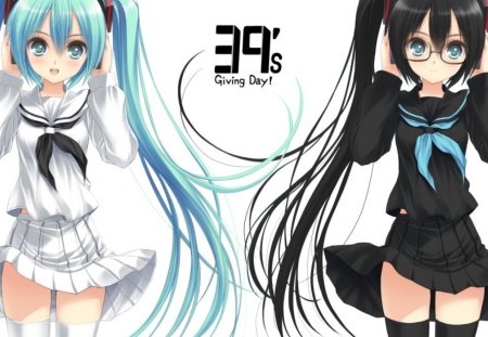 White n Black - female, hot, simple, anime girl, black hair, black, white, anime, miku, cute, hatsune miku, sexy, girl, twintails, long hair, vocaloids, hd, hatsune, vocaloid, green hair