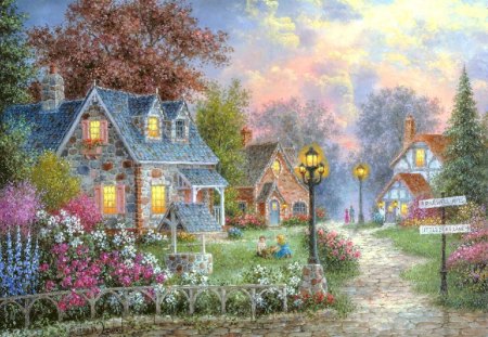 Bearwell Ave. - cottage, trees, pepole, fantasy, flower, lights