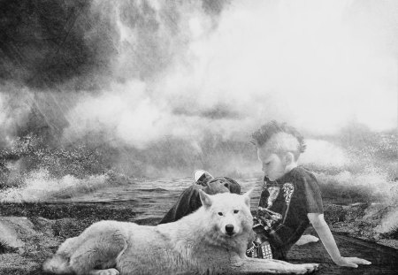 â™¥ - respect, photomontage, wp, bw, black, wolf, nature, white, art, boy, friends, digital