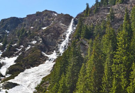 Spring waterfall - cliffs, trees, water, sky