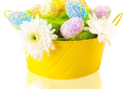 Easter basket - eggs, flowers, basket, decoration, arrangement, holidays, Easter, pastel