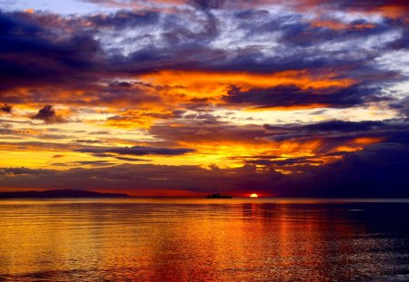 SUNDOWN SCENERY - sky, golden, boat, sunset, nature