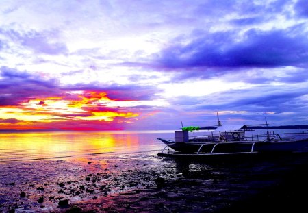 SUNSET CLOUDS - sky, nature, sunset, boat