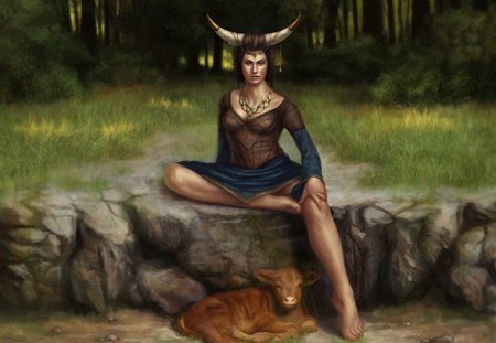 Zodiac ~ Taurus - taurus, ox, animal, zodiac, girl, creature, fantasy, bull, woman, horns, green