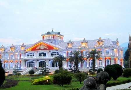 Scenic Area castle - meadow, scenic area, statue, castle