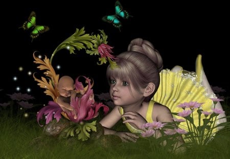 ✼Blooming in Love✼ - pretty, young girl, butterflies, grass, spring, leaves, flowers, 3D art, plants, other, blooms, beautiful, digital art, colors, lovely, cool, baby, fantasy, wings, butterfly, cute, animals