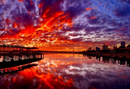 DRAMATIC SUNSET - sky, city, pier, sunset, sea, nature