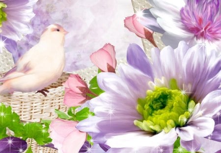 Pretty Bird on Basket - stars, soft, summer, shine, spring, bird, nest, floral, pink, flowers, lavender