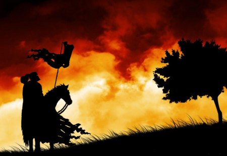 Knight and Steed Silhouette - silhouette, helmet, warrior, knight, sunset, flag, battle, war, horse, cloud, weapon, sword, medieval, tree, sunrise