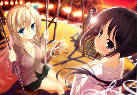 playing on the swings - swings, cute, swingss, anime