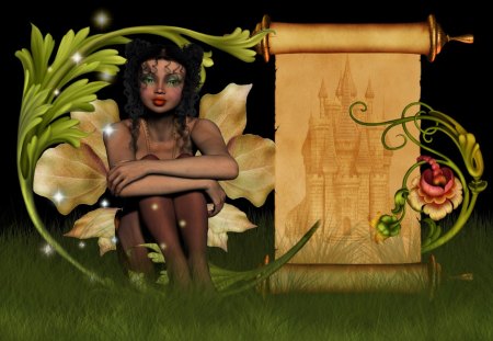 ~Magic Scroll~ - pretty, female, grass, flowers, plants, castle, beautiful, digital art, colors, lovely, cool, girls, fantasy, mixed media, scroll, bright, magic scroll, cute, rocks, animals