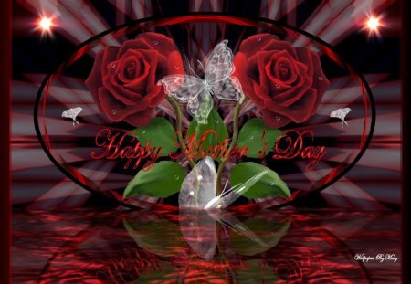 Mother's Beauty 1024x768 - momsday, roses, mothersday, water, redroses, rose, butterflies