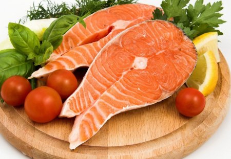 Fresh Salmon Steak - abstract, tomatoes, herbs, food, salmon, peach, green, fish, steak