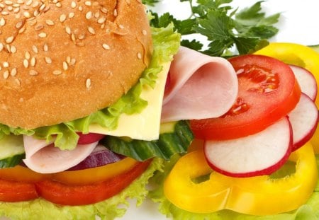 Nicely Loaded Ham Sandwich - coldcuts, lettuce, abstract, ham, bun, tomato, bananapepper, cheese