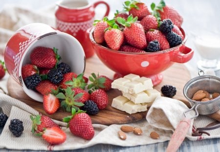 Fruit and White Chocolate - bowl, black, fruit, white, blackberries, abstract, strawberries, red, chocolate