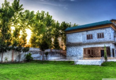 home sweet home hdr - house, backyard, trees, hdr, grass, sun