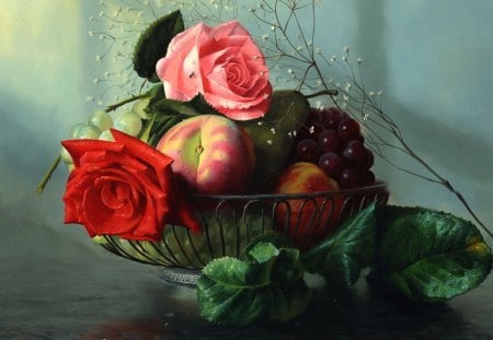 Still Life Rose and Fruits - grapes, bowl, red, fruit, rose, apple, pink, leaves