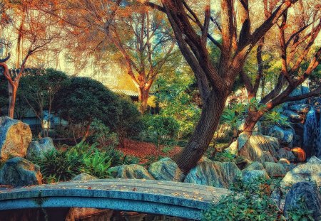 lovely cement bridge in a garden hdr - watrfall, trees, garden, hdr, plants, bridge