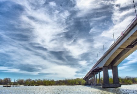 highway bridge under lovely clouds - river, clouds, highway, bridge