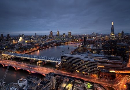 another bridge on a city river in evening - costruction, river, city, eve, bridges, lights