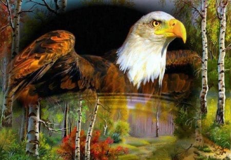 Eagle Pond - bird, abstract, trees, fantasy, eagle, animal, pond