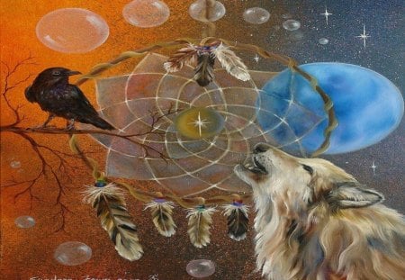 Blue Moon - moon, wolf, dreamcatcher, abstract, animals, bubbles, fantasy, raven