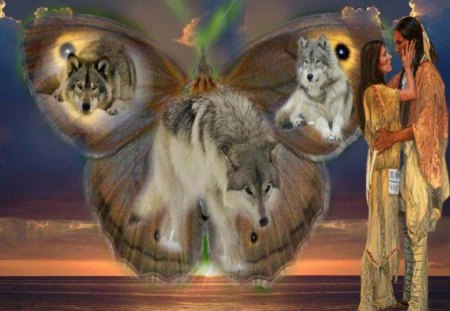 Butterfly Kisses - abstract, fantasy, indian man, butterfly, indian woman, animals, wolves