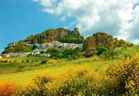 Andalousie - nice, slope, sky, field, meadow, spring, cottages, pretty, andalousie, houses, summer, lovely, nature, village, beautiful, flowers, wildflowers