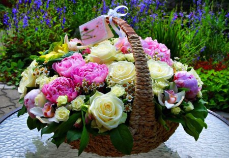 Basket with flowers for all DN friends - frinds, white, peonies, nature, friendship, pink, soft, beauty, flowers, spring, yellow, buds, orchids, roses, gift, flowering, basket, colors