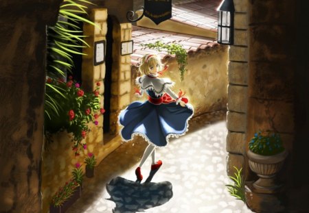 Back Alley - anime, alley, female, walking, dress, blonde, blond hair, walk, short hair, touhou, blond, house, anime girl, hot, girl, blonde hair, shadow, cute, sexy, wall