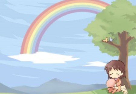 A Dream Beneath The Rainbow - sleeping, female, anime girl, brown hair, anime, tree, short hair, cute, rainbow, adorable, cat, girl, chibi, kitty, bird, kitten, sleep, kawaii