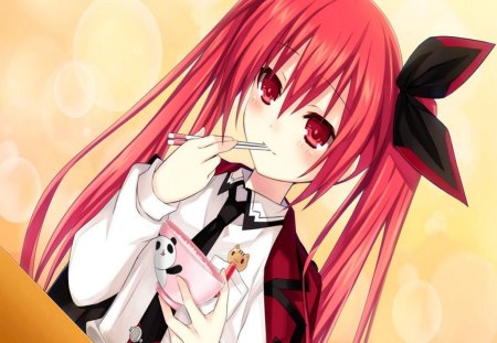 Ice Cream Time!!!! ^_^ - Blush, Cute, Sweet, Red Eyes, Red Hair, Anime, Ice Cream, Itsuka Kotori, Girl, Long Hair, Eating, School Uniform, Date a Live