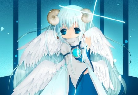 Embrace the Light - anime, kawaii, female, wing, angel, light, short hair, blue hair, horn, blue eyes, anime girl, hot, girl, feather, glow, wings, cute, sexy