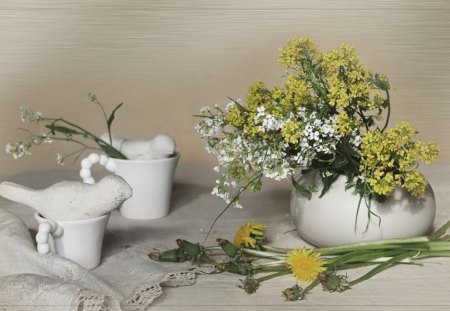 Still Life - flowers, cups, white, arrangement, still life