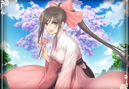 Sakuya - pretty, anime, female, plant, pink, long hair, happy, ribbon, hd, nice, anime girl, sakura, cherry blossom, beautiful, hot, girl, beauty, kimono, lovely, sakura blossom, brown hair, sweet, flower, yukata, tree, cloud, cute, shining blade, sexy