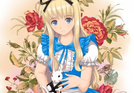 Alice - eyes, toy, easter, black, spring, white, art, rabbit, green, peony, anime, xiao lian, manga, girl, alice, red, blue, animal, flower, dress, blonde