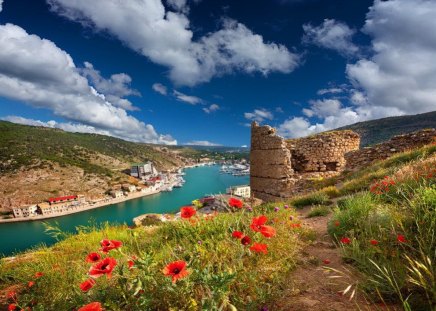 The ruins of Genoese fortress - nice, sky, field, rocks, view, ruins, river, clouds, shjore, castle, grass, ancient, summer, lovely, fortress, genoese, beautiful, stones, poppies