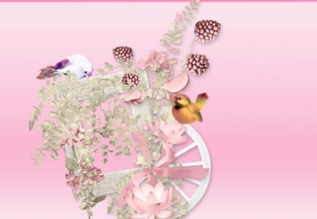 Summer Blessings - flowers, berries, birds, ribbon, light, pink, wheels