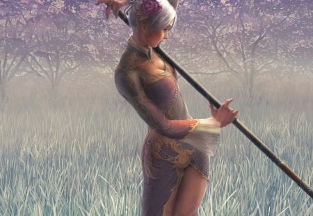 Beautiful fighter - fighter, dress, girl, blonde, beauty, flower, pink, fantasy, woman, spear, field