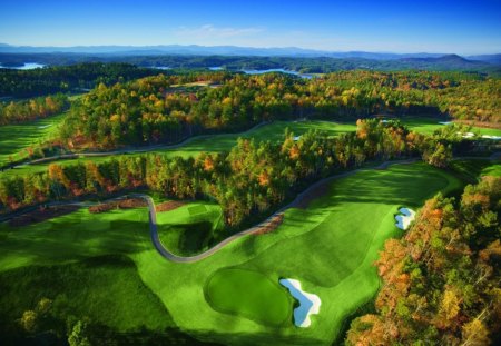 Greensville - roads, trees, blue, rivers, autumn, green, grass, mountains