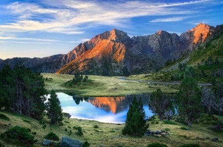 Sunset - clouds, France, trees, water, green, mountains, lakes