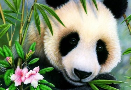 Lovely Panda - bear, flower, sad, artwork