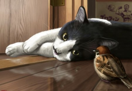 Cat n Bird - sleeping, realistic, cute, adorable, cat, lying, kitty, lovely, bird, kitten, cg, hd, sleep, kawaii, 3d, animal, sweet