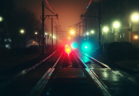 Train Yard - night, railway, trains, lights